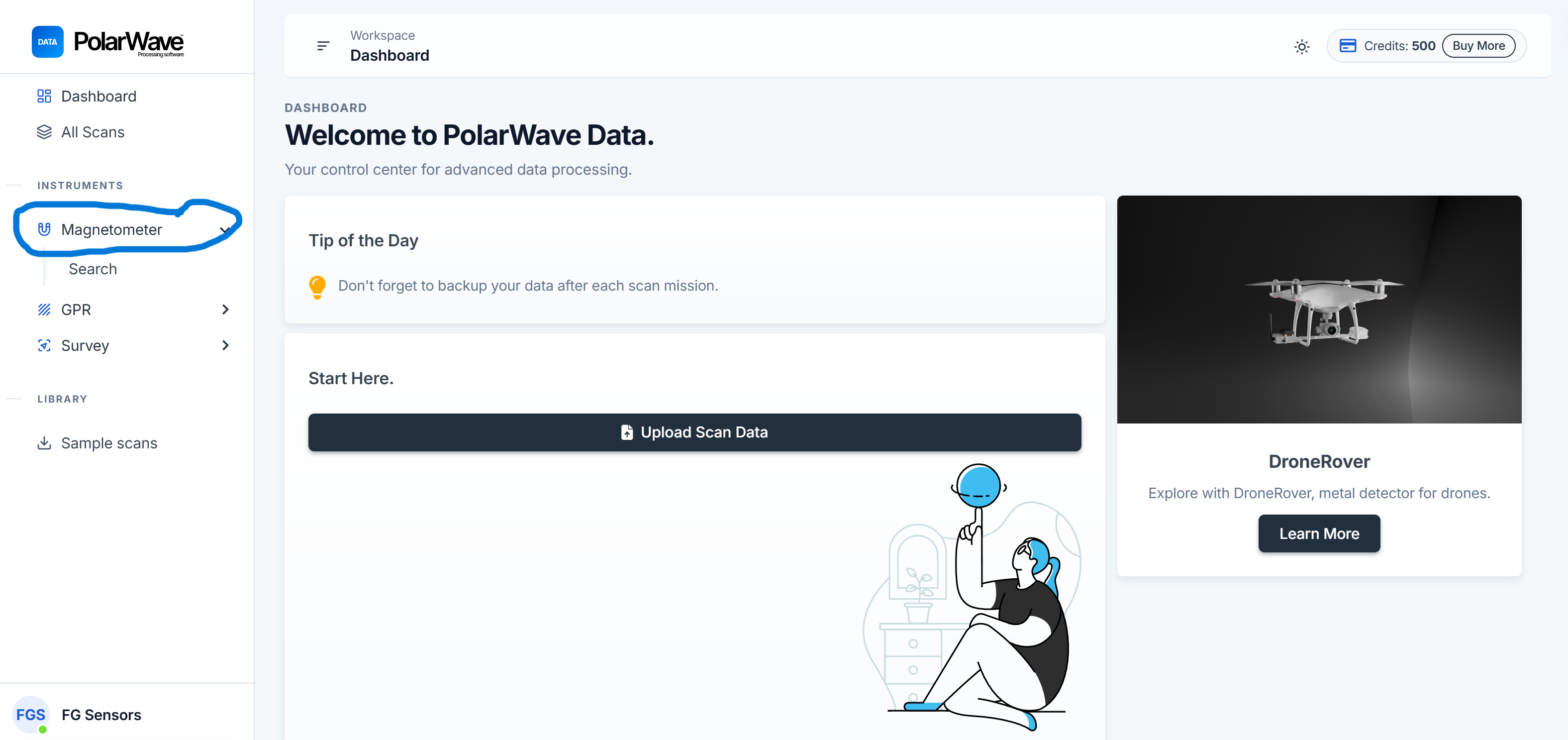 Dashboard — Magnetometer in der linken Seitenleiste anklicken