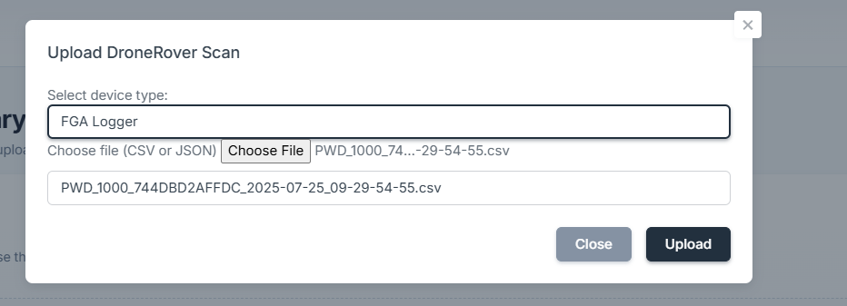 Menu suspenso de tipo de dispositivo para FGA Logger